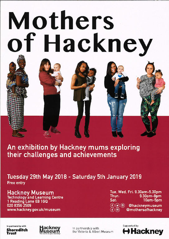Poster for Mothers of Hackney exhibition. 5 mothers holding their young children look at the camera.