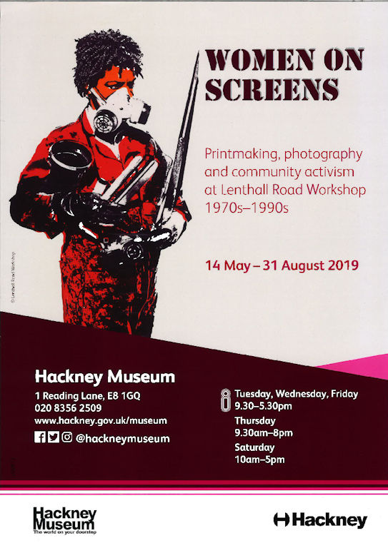 Poster for the exhibition 'Women On Screens' a screenprinted image of a woman (artist Ingrid Pollard) in boiler suit, mask and holding art supplies. 