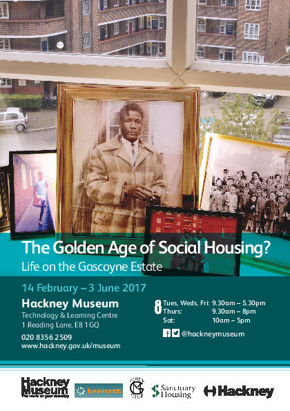 Poster for the exhibition 'Golden Age of Social Housing' a series of framed photogrpahs sit on a windowsill overlooking the estate.