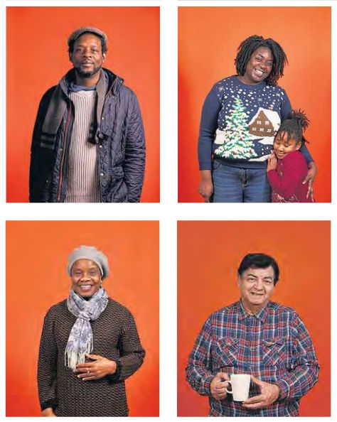 Four portraits of users of Foodcycle against an orange background