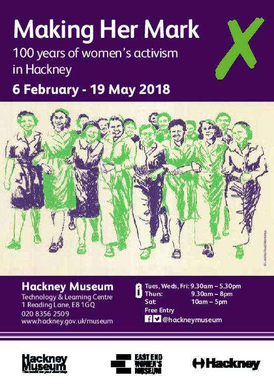 Poster for the exhibition 'Making Her Mark'. A green and purple stencil image of women walking together with linked arms is shown.  