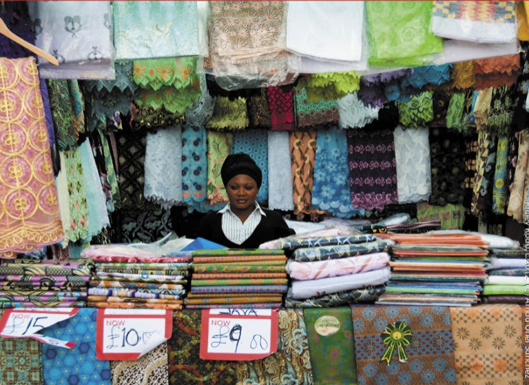 market stall with African fabrics