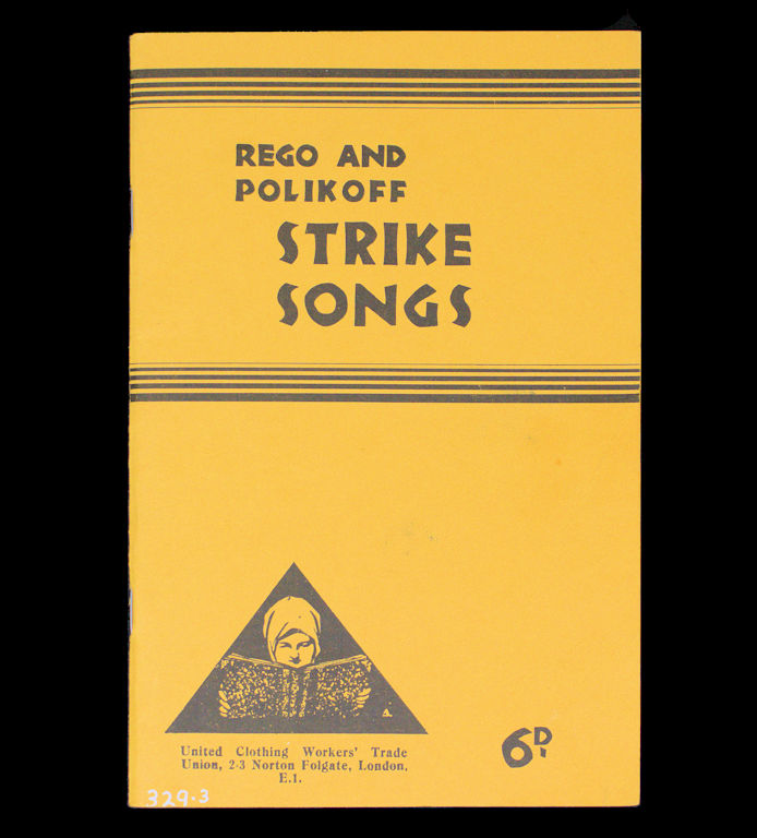 Front cover of a yellow booklet titled 'Rego and Polikoff Strike Songs'. The text on the front cover is black and also features a logo of an illustration of a person reading a book.