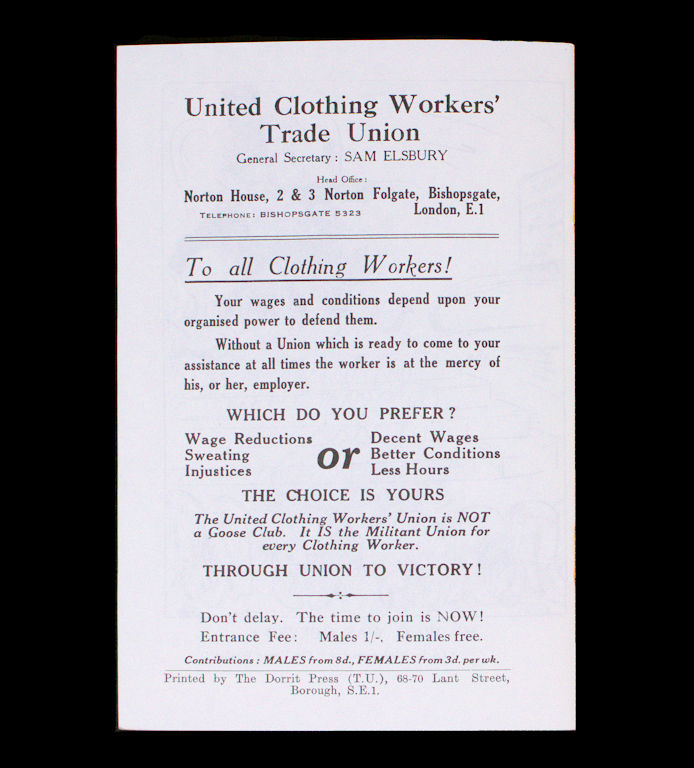Page from a booklet which shows an advert for the United Clothing Workers' Trade Union. White page on black text.