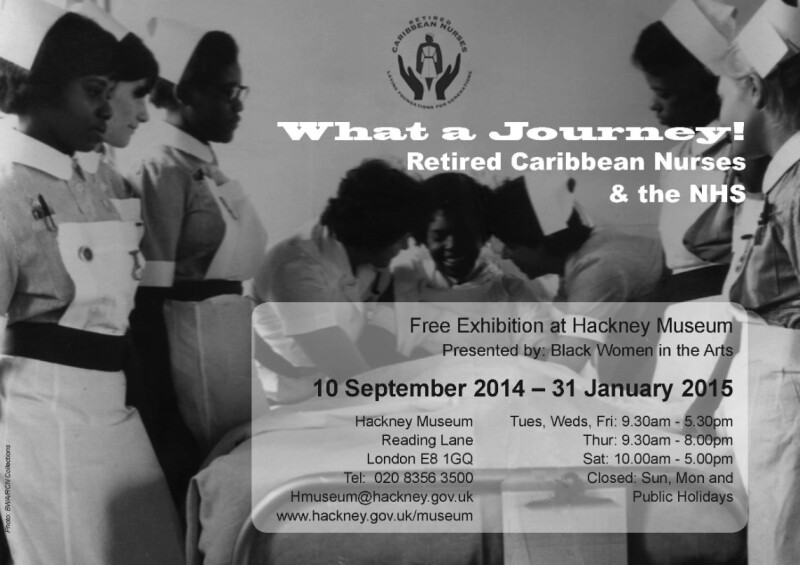 Promotional leaflet for the exhibition 'What a Journey!" A black and white photo showing a group a Caribbean nurses in uniform.