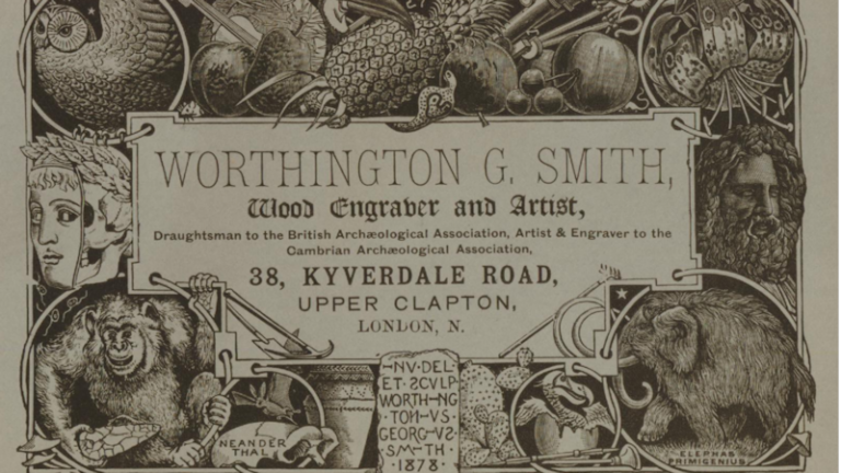 Trade-card of Worthington George Smith, with central inscription space surrounded by wood-engraving style images of birds, fruits, violin, plants, mask, sculpted head, vase, and lower left a Neanderthal and at right a mammoth.