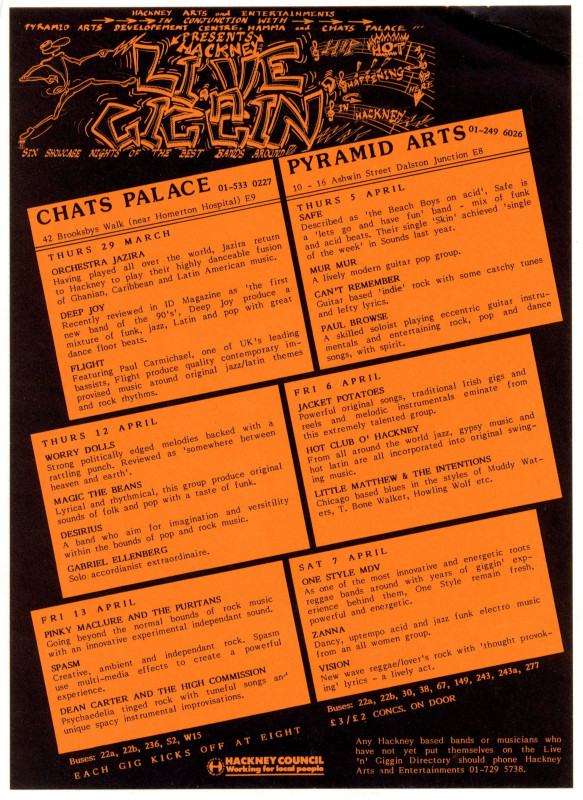 An orange and black poster for "Live n Giggin", a programme of events at Chats Palace and Pyramid Arts produced in collaboration with Hackney Council’s Hackney Agency for Music Marketing Action (HAMMA)