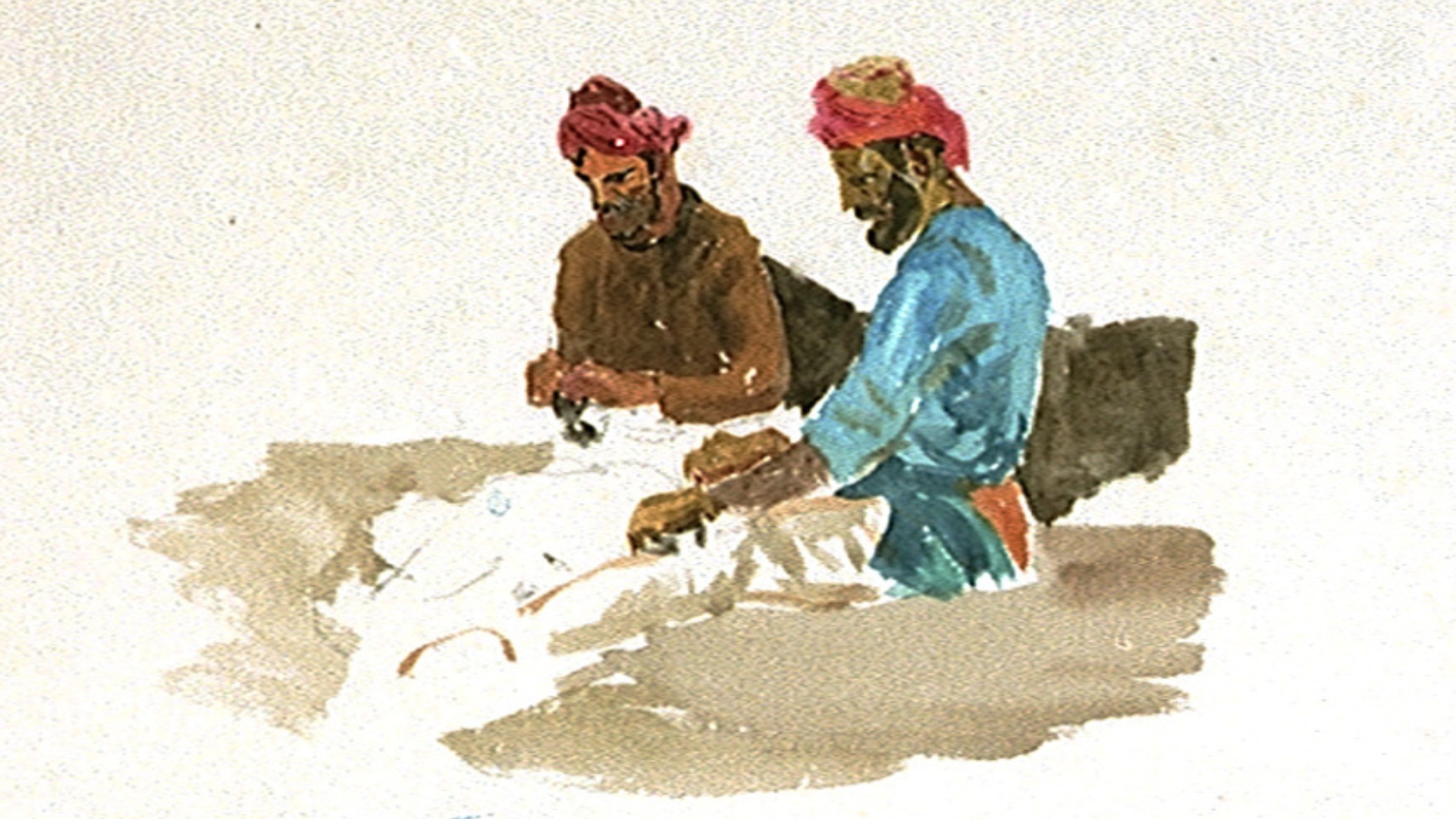 Watercolour illustration of two South Asian men working in a yard
