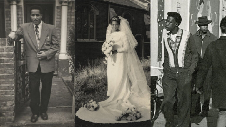 Three black and white photographs of people of African-Caribbean Heritage showcasing different Windrush fashions. The first shows a man wearing a smart 1950s-1960s style suit. The next shows a young woman in a glamorous wedding dress with a long train and gown. The third shows two men walking down the street.