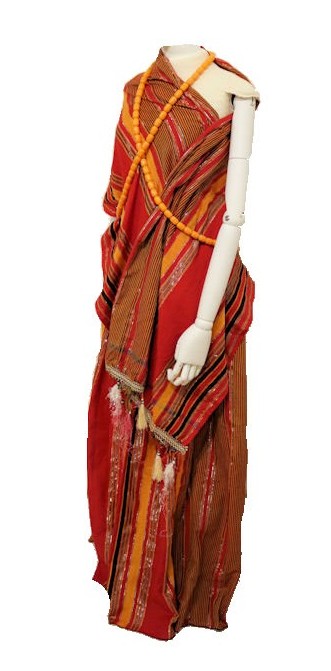 Red and orange dress made up of a skirt, shall, waistcoat and orange beads.