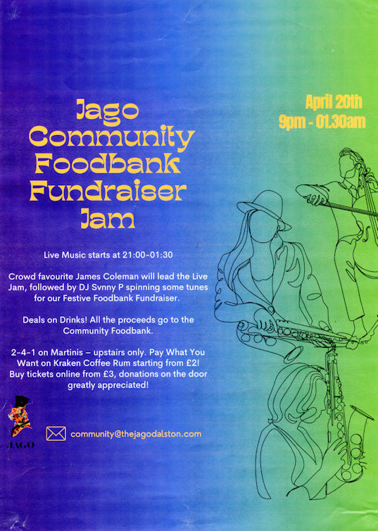 Blue and green poster with yellow and white text and illustrations of three musicians.