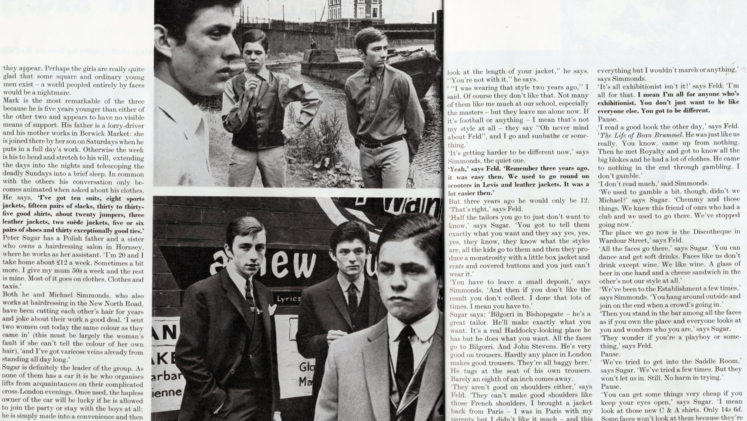Detail of a magazine spread with text and two black and white images of three well dressed young men.