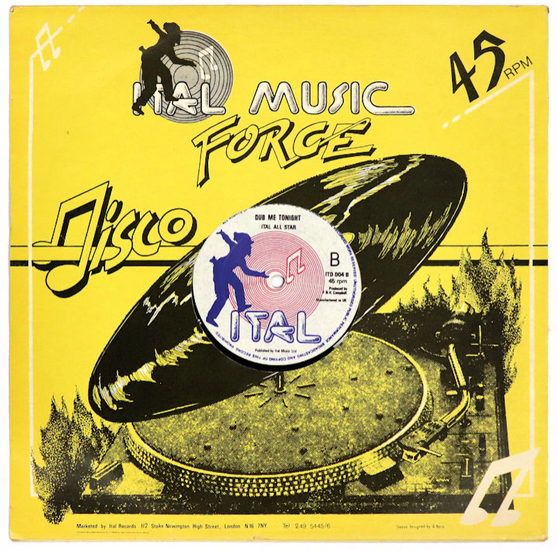 Yellow square record sleeve produced for Ital Music Force and it has its Stoke Newington address in the bottom left corner.