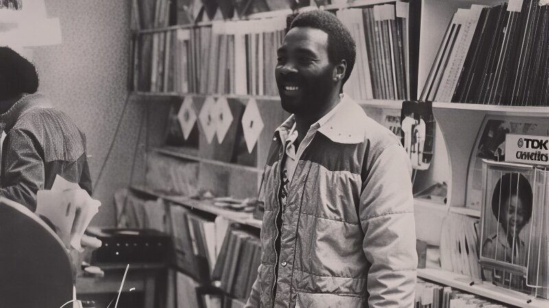 Half side profile of a man standing in a record shop with hundreds of vinyl records stacked on shelves behind him and a cash register in front of him.