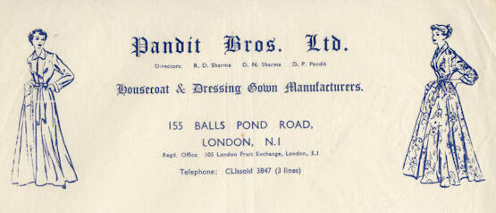 Letterhead for a women's wear manufacturer. There are drawings of two women, one in a housecoat and the other in a dressing gown.