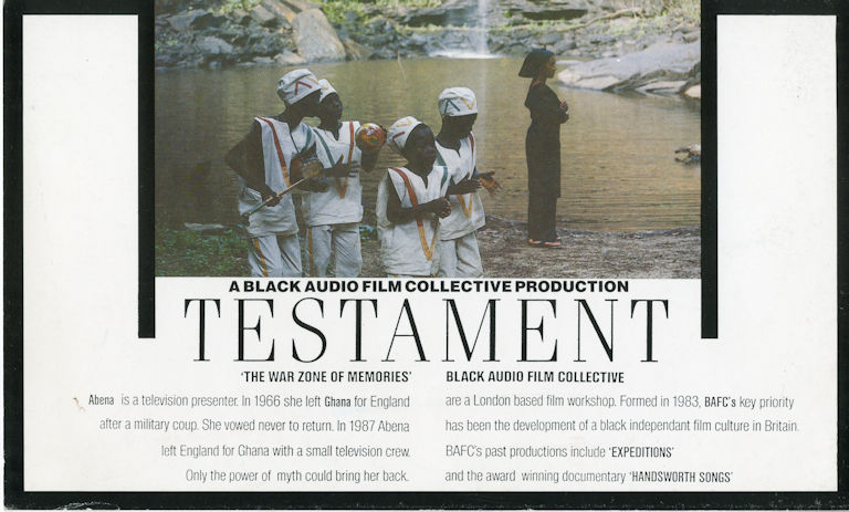 Rectangular handbill for Testament. The colour image on the front shows four children and a woman with water besides them.