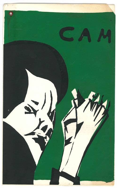 Dark green background with a stylistic illustration of a side view of a person on the left side, and the letters C A M on the top right.